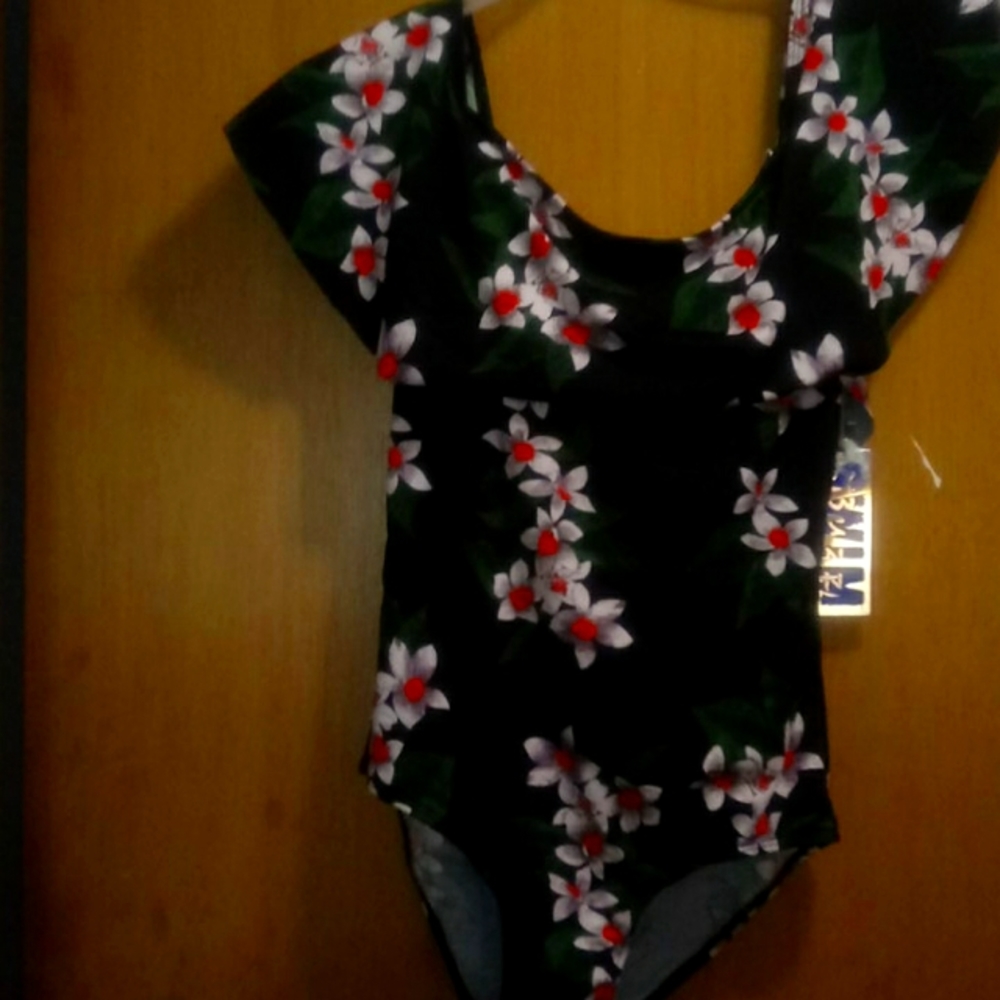 Lace Up Front Tie Back Floral Print One Piece Swim